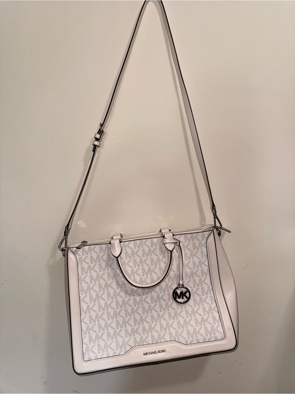 Michael Kors White MK Logo Satchel with Adjustable Strap